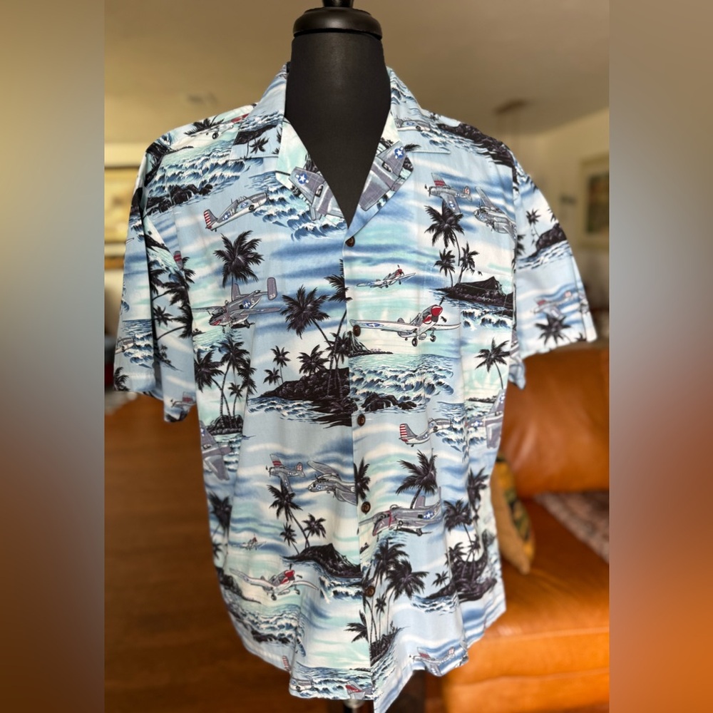 ✈️ KY’S Aviator Print Casual Shirt - Light Blue WWII Hawaiian 🌺